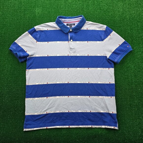 Tommy Hilfiger Polo Shirt Men XL Blue Striped Short‎ Sleeve Preppy Golf Casual - Picture 1 of 8
